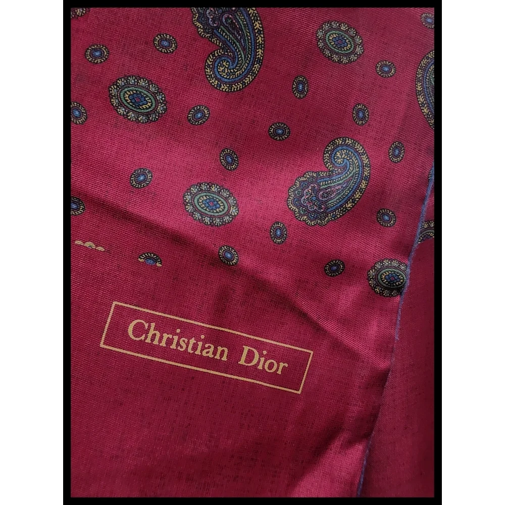 Vintage 80s Christian Dior Silk Paisley Flannel Back Fringe Scarf Burgundy Blue
